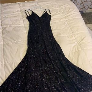 One piece prom dress with mid thigh slit